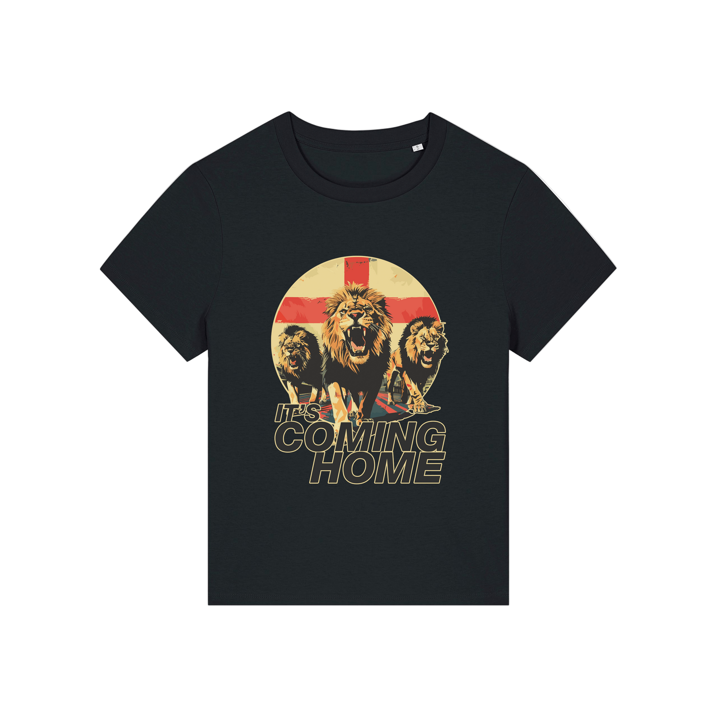 black sports t-shirt with the graphic of 3 lions and the slogan 'it's coming home'