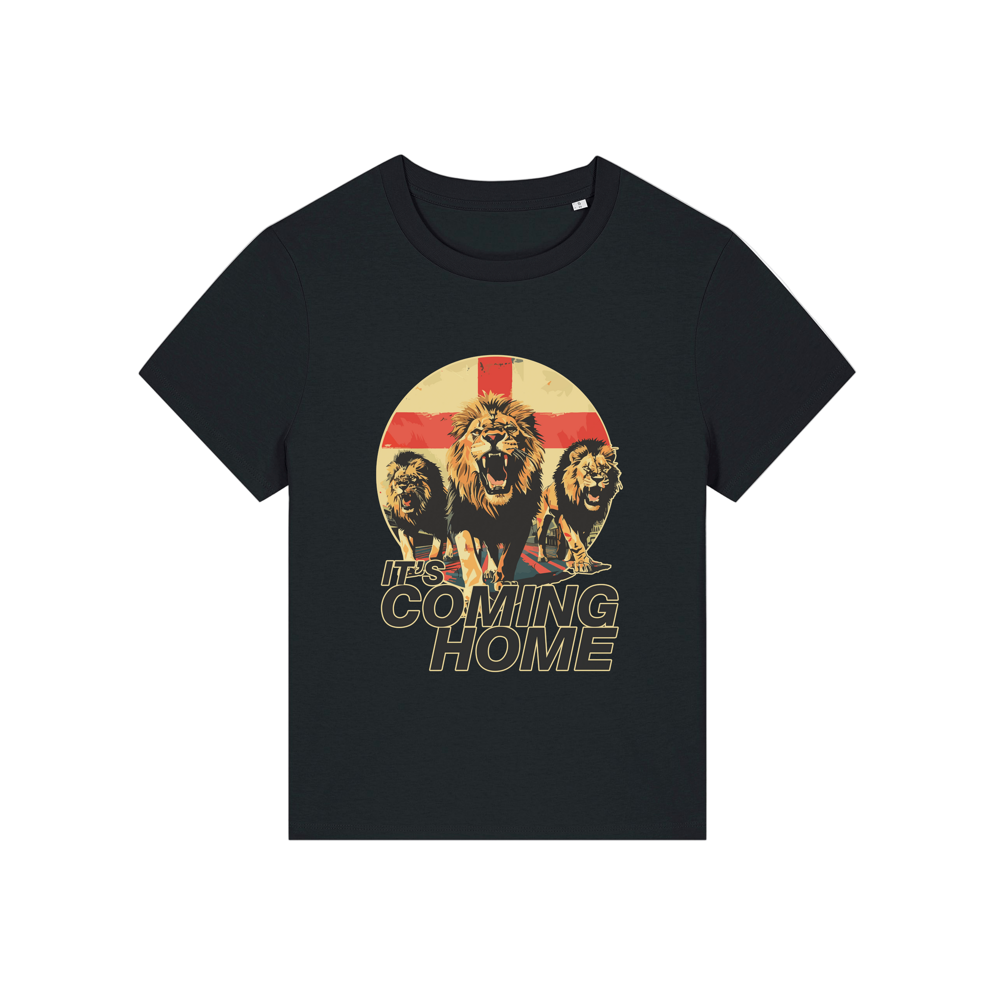 black sports t-shirt with the graphic of 3 lions and the slogan 'it's coming home'