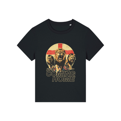 black sports t-shirt with the graphic of 3 lions and the slogan 'it's coming home'