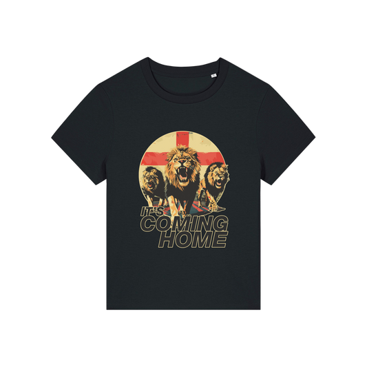 black sports t-shirt with the graphic of 3 lions and the slogan 'it's coming home'