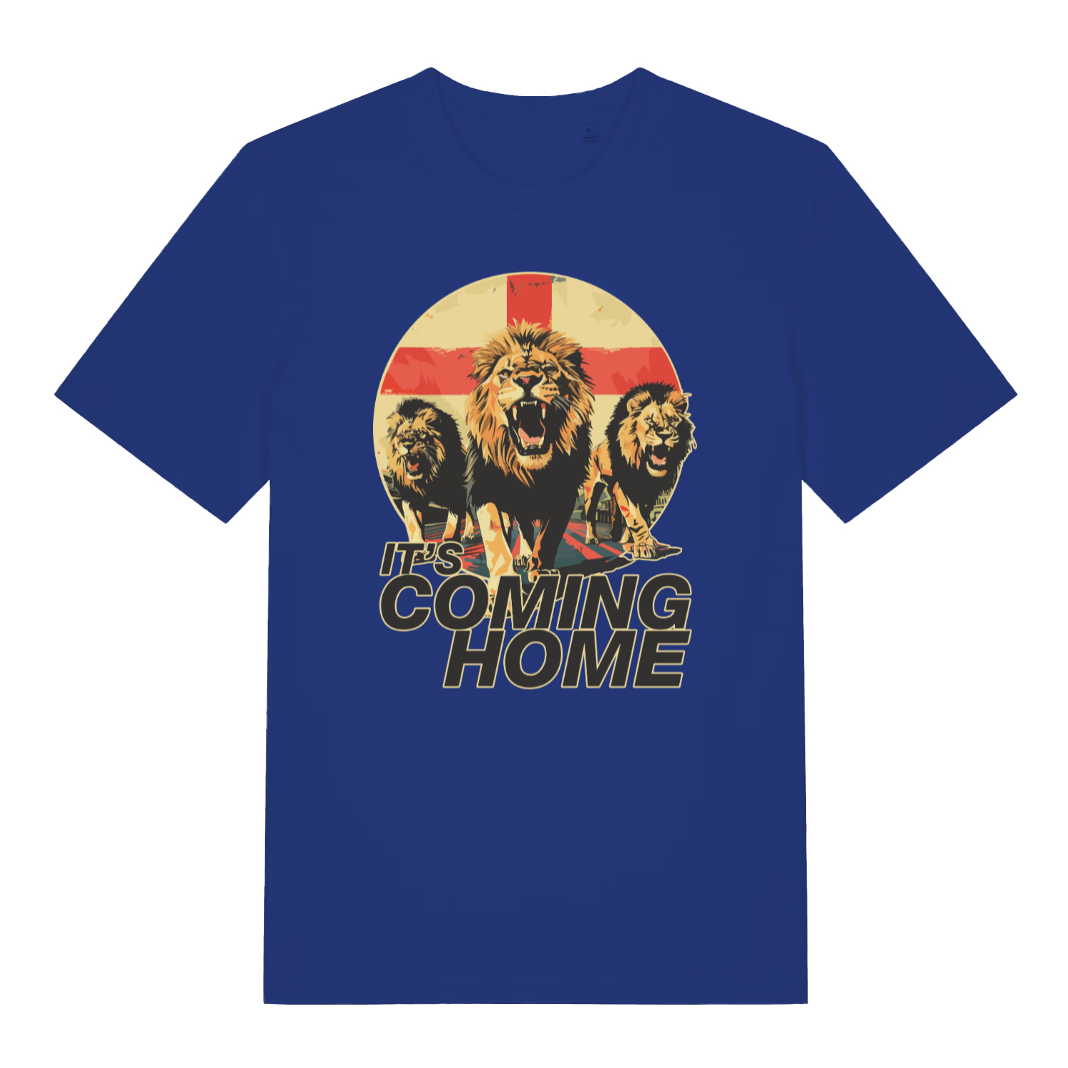 blue women's football t-shirt with the graphic of three lions and the slogan 'it's coming home'