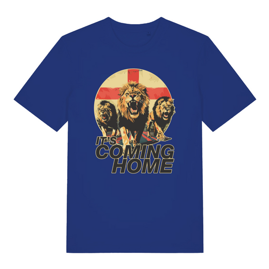 blue women's football t-shirt with the graphic of three lions and the slogan 'it's coming home'