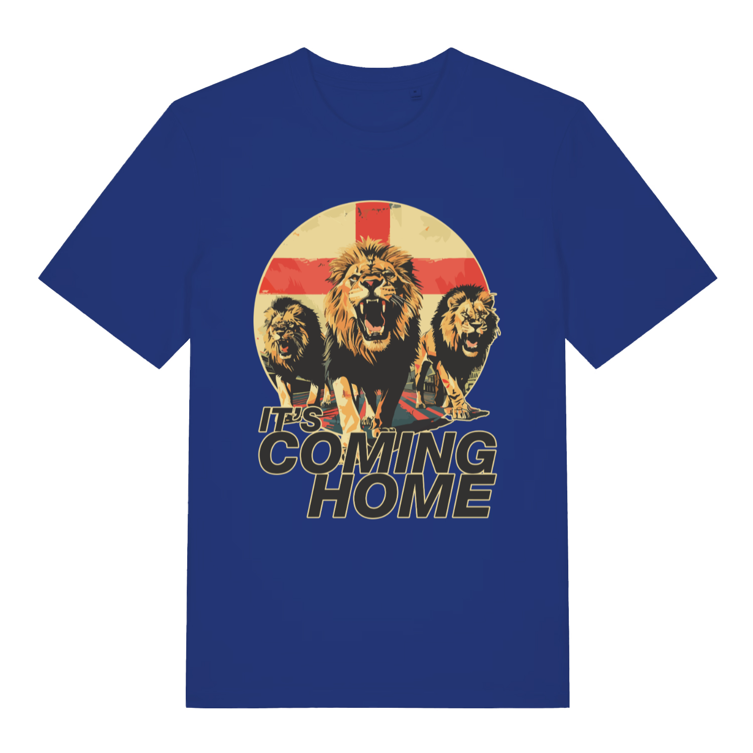 Blue women's It’s Coming Home funny graphic t-shirt featuring Three Lions graphic and “IT’S COMING HOME” football slogan  