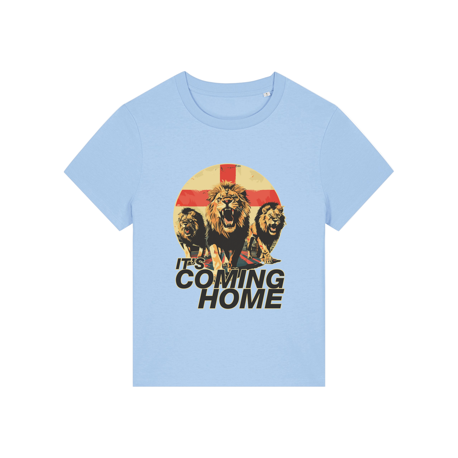 light blue sports t-shirt with the graphic of 3 lions and the slogan 'it's coming home'