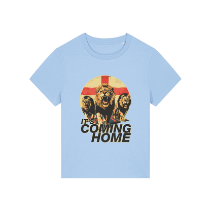 light blue sports t-shirt with the graphic of 3 lions and the slogan 'it's coming home'