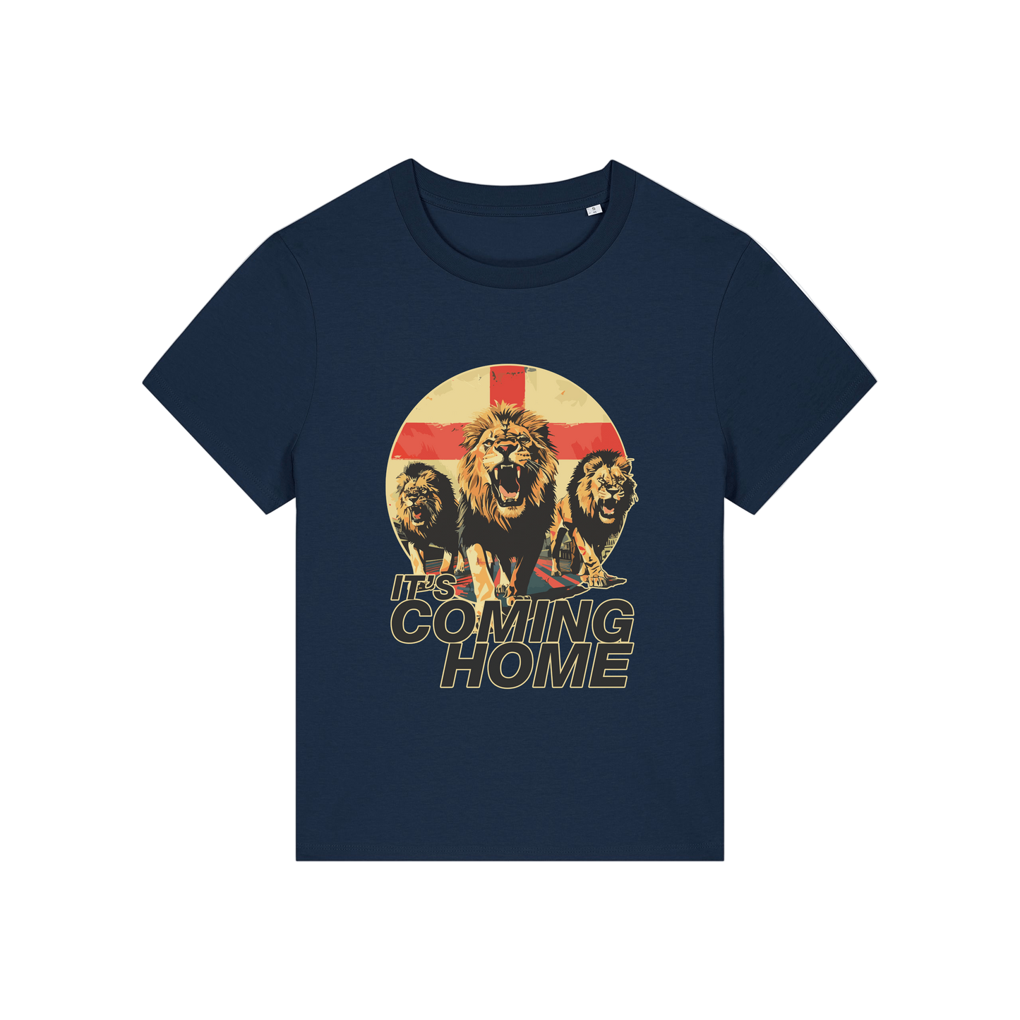 navy sports t-shirt with the graphic of 3 lions and the slogan 'it's coming home'