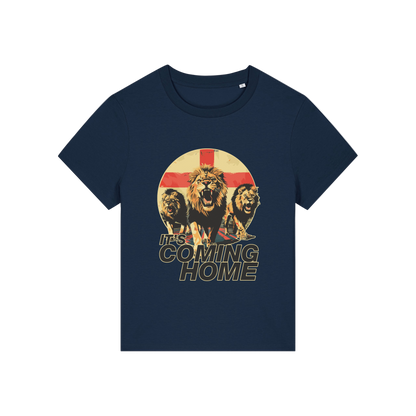 navy sports t-shirt with the graphic of 3 lions and the slogan 'it's coming home'