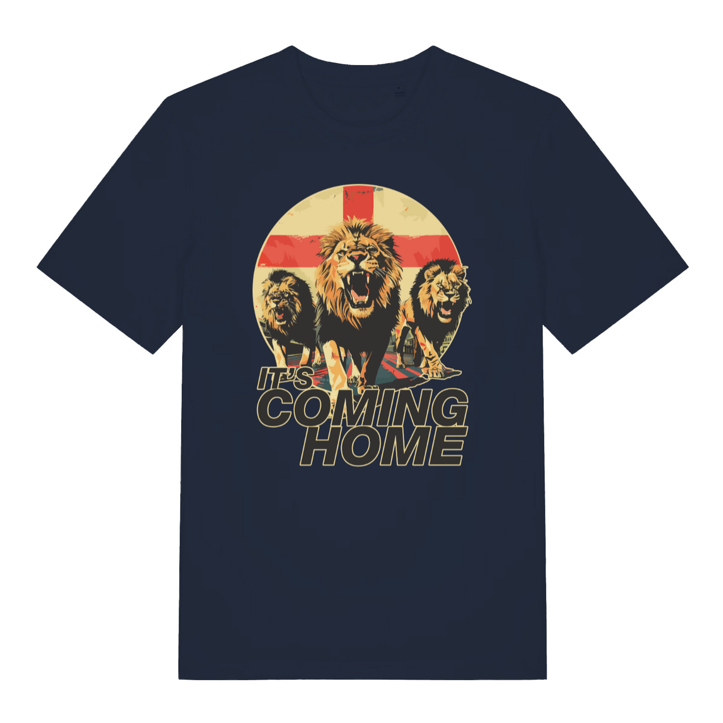 navy women's football t-shirt with the graphic of three lions and the slogan 'it's coming home'