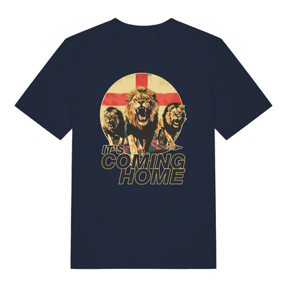 navy women's football t-shirt with the graphic of three lions and the slogan 'it's coming home'