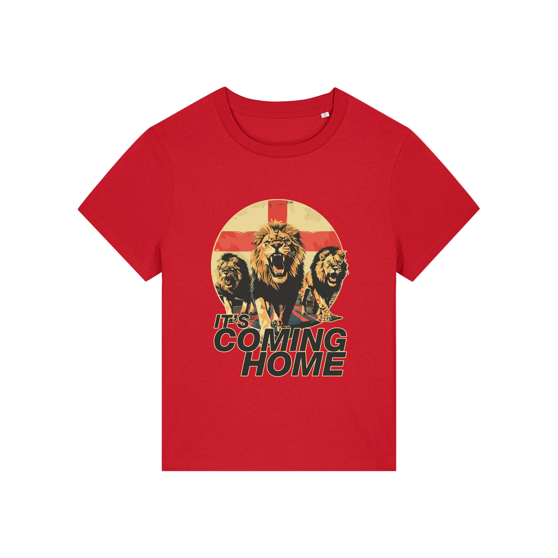 red sports t-shirt with the graphic of 3 lions and the slogan 'it's coming home'