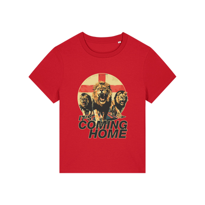 red sports t-shirt with the graphic of 3 lions and the slogan 'it's coming home'