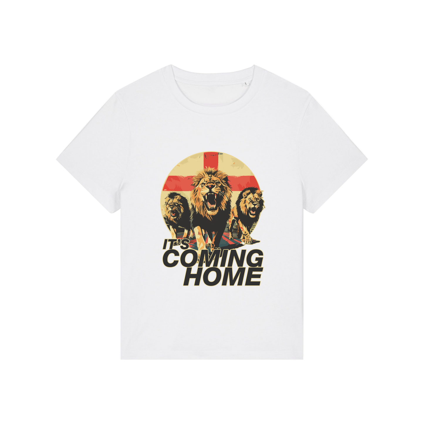 white sports t-shirt with the graphic of 3 lions and the slogan 'it's coming home'