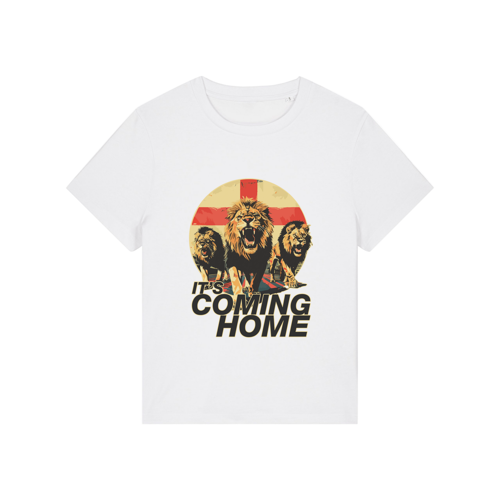 white sports t-shirt with the graphic of 3 lions and the slogan 'it's coming home'
