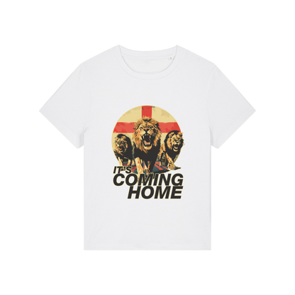 white sports t-shirt with the graphic of 3 lions and the slogan 'it's coming home'