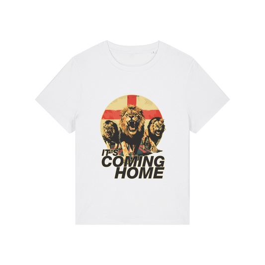 white sports t-shirt with the graphic of 3 lions and the slogan 'it's coming home'