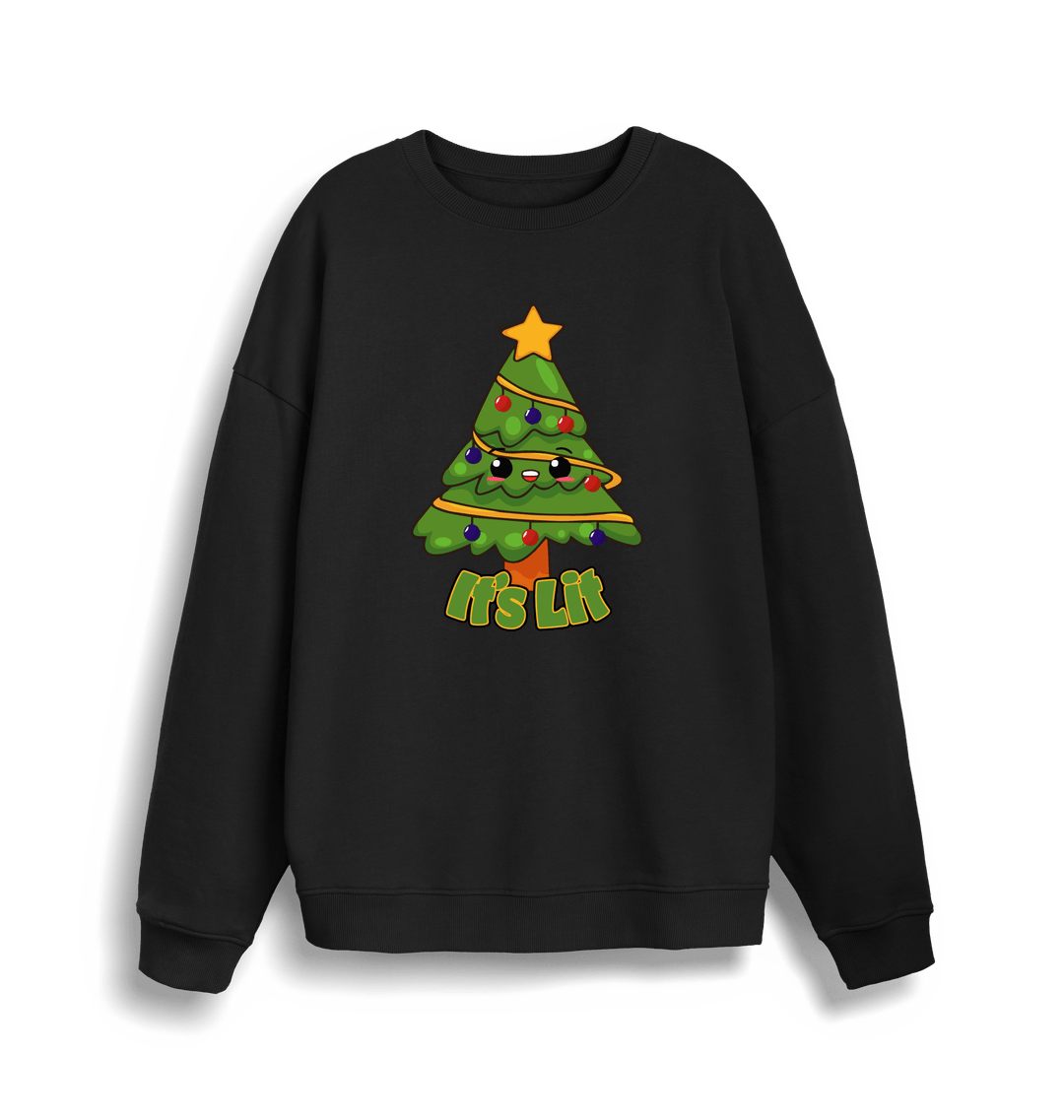 black christmas sweater with the graphic of a christmas tree and the slogan 'it's lit'