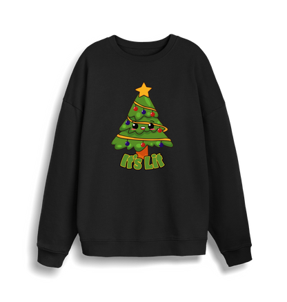 black christmas sweater with the graphic of a christmas tree and the slogan 'it's lit'