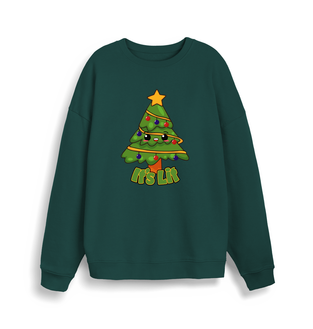 green christmas sweater with the graphic of a christmas tree and the slogan 'it's lit'