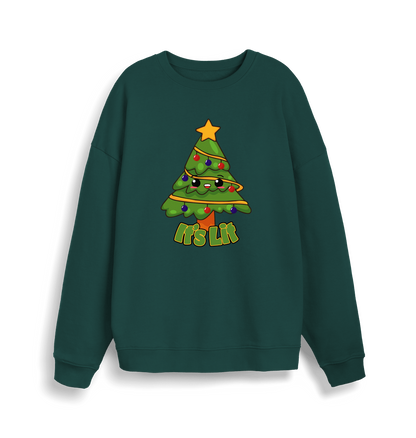 green christmas sweater with the graphic of a christmas tree and the slogan 'it's lit'
