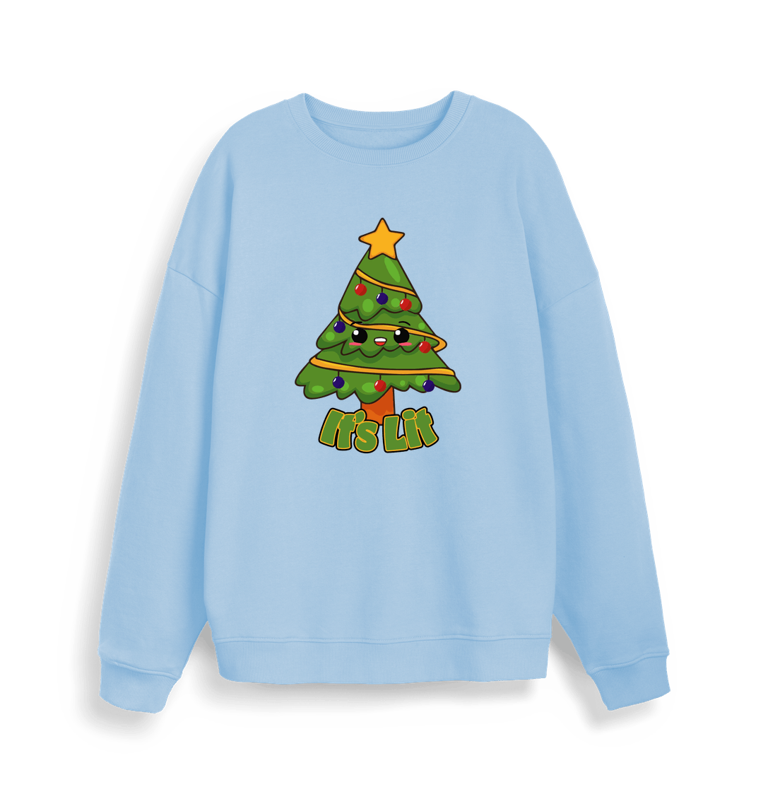 light blue christmas sweater with the graphic of a christmas tree and the slogan 'it's lit'