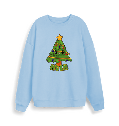 light blue christmas sweater with the graphic of a christmas tree and the slogan 'it's lit'