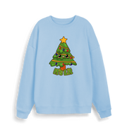 light blue christmas sweater with the graphic of a christmas tree and the slogan 'it's lit'