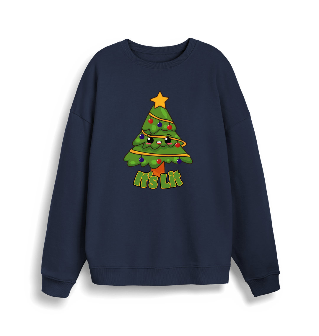 navy christmas sweater with the graphic of a christmas tree and the slogan 'it's lit'