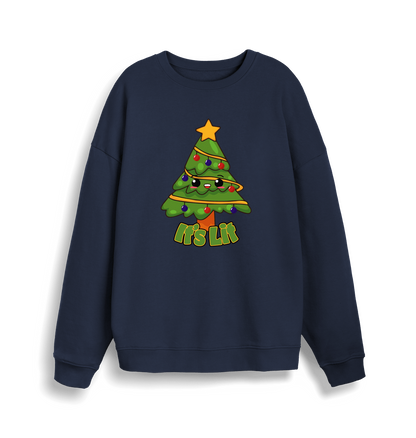 navy christmas sweater with the graphic of a christmas tree and the slogan 'it's lit'