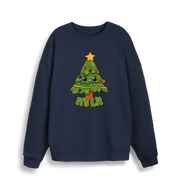 navy christmas sweater with the graphic of a christmas tree and the slogan 'it's lit'