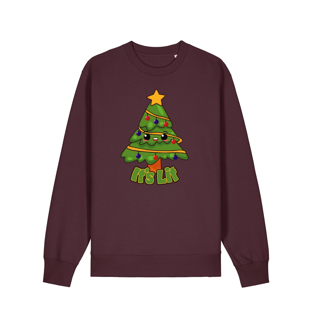 red brown christmas sweater with the graphic of a christmas tree and the slogan 'it's lit'