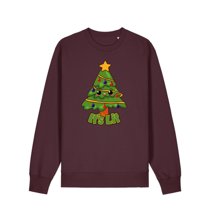red brown christmas sweater with the graphic of a christmas tree and the slogan 'it's lit'