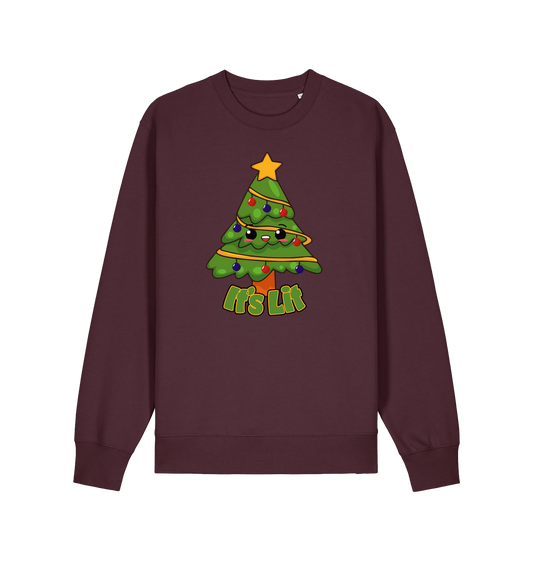 red brown christmas sweater with the graphic of a christmas tree and the slogan 'it's lit'