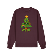 red brown christmas sweater with the graphic of a christmas tree and the slogan 'it's lit'