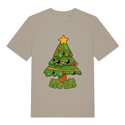 Beige It’s Lit funny graphic t-shirt with cute cartoon Christmas tree and bold “It’s Lit” festive slogan  