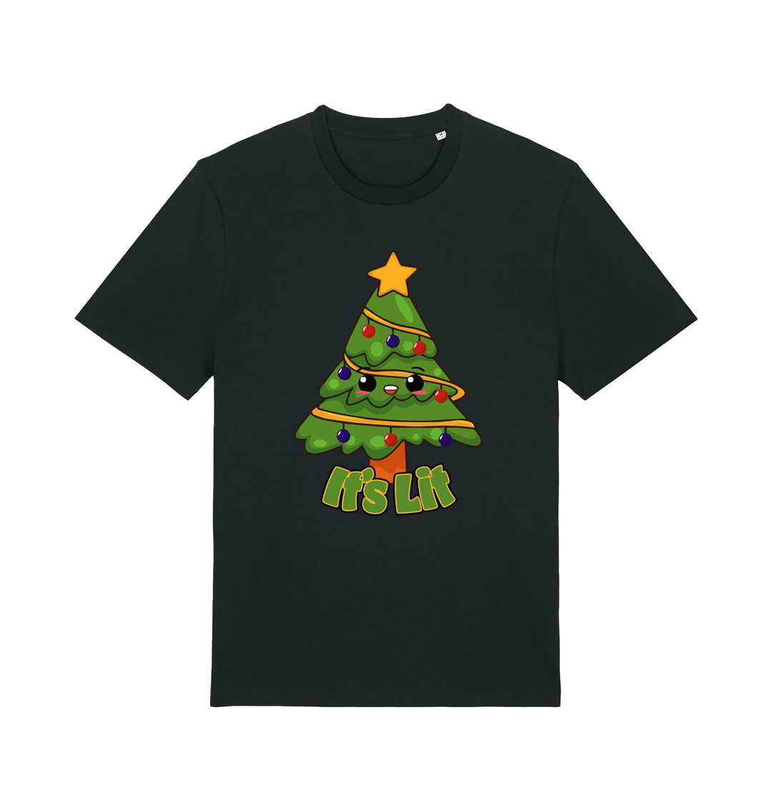 black christmas t-shirt with the graphic of a christmas tree and the slogan 'it;'s lit'