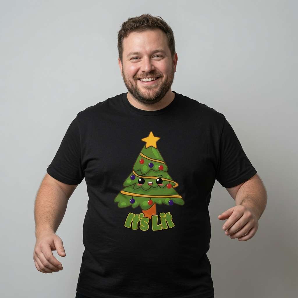 Bearded man smiling with arms out in black It’s Lit tee with cartoon Christmas tree design, funny witty mens christmas tree