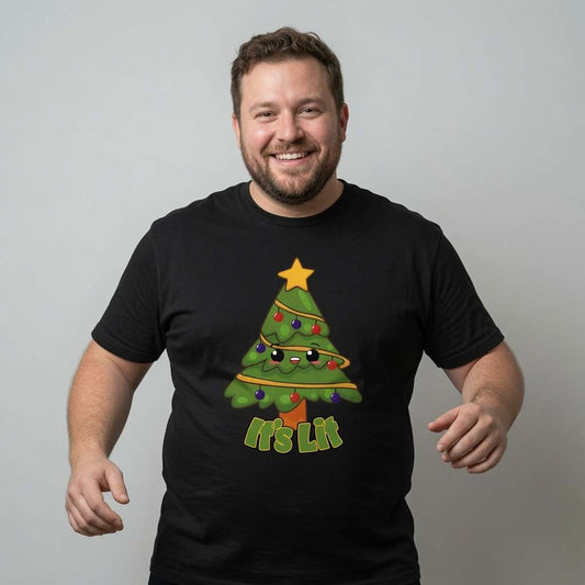 Bearded man smiling with arms out in black It’s Lit tee with cartoon Christmas tree design, funny witty mens christmas tree