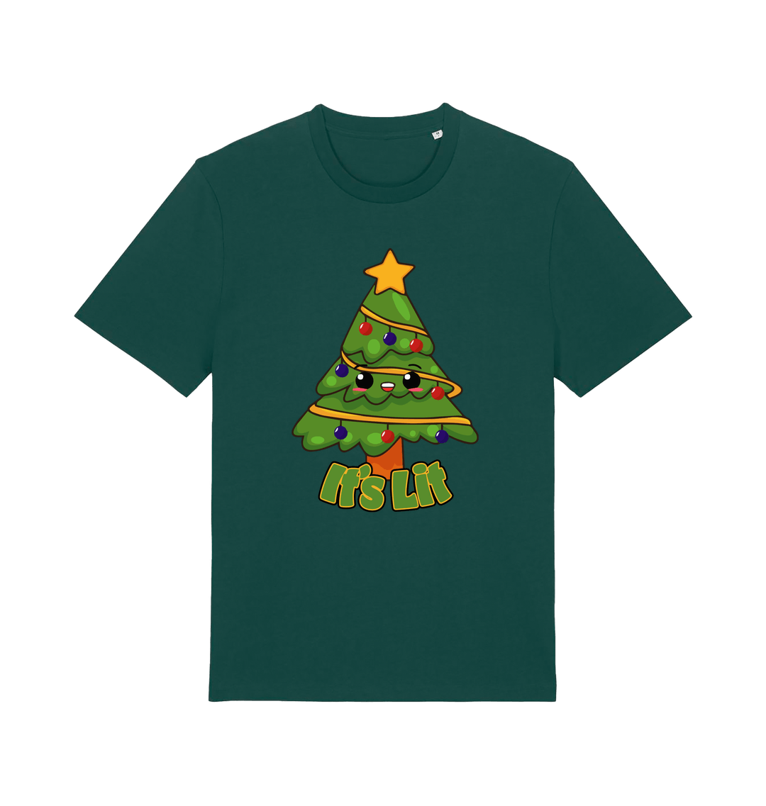 green christmas t-shirt with the graphic of a christmas tree and the slogan 'it;'s lit'