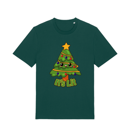 green christmas t-shirt with the graphic of a christmas tree and the slogan 'it;'s lit'
