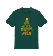 green christmas t-shirt with the graphic of a christmas tree and the slogan 'it;'s lit'