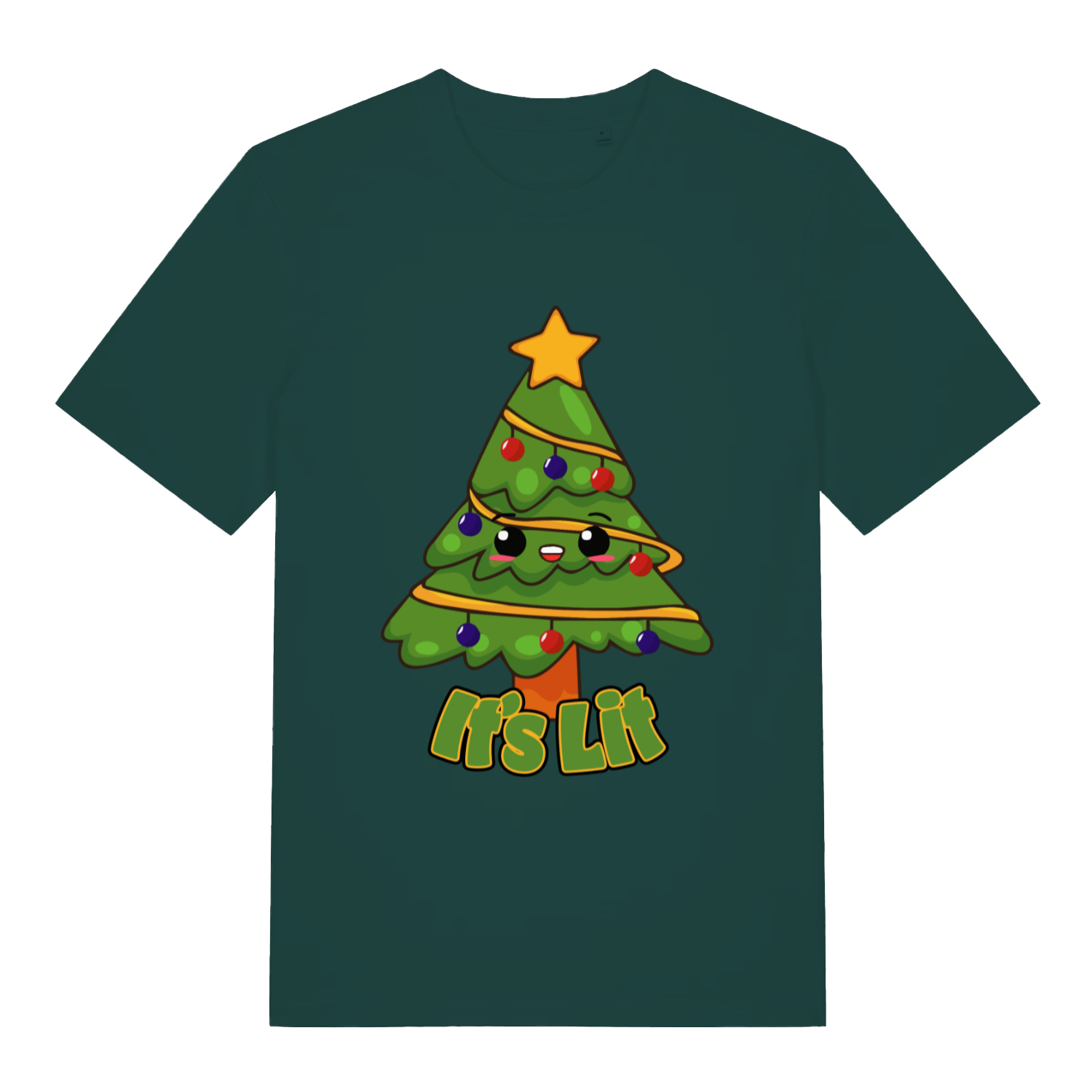 Green It’s Lit funny graphic t-shirt showing cheerful cartoon tree with “It’s Lit” Christmas design  