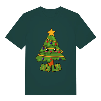 Green It’s Lit funny graphic t-shirt showing cheerful cartoon tree with “It’s Lit” Christmas design  