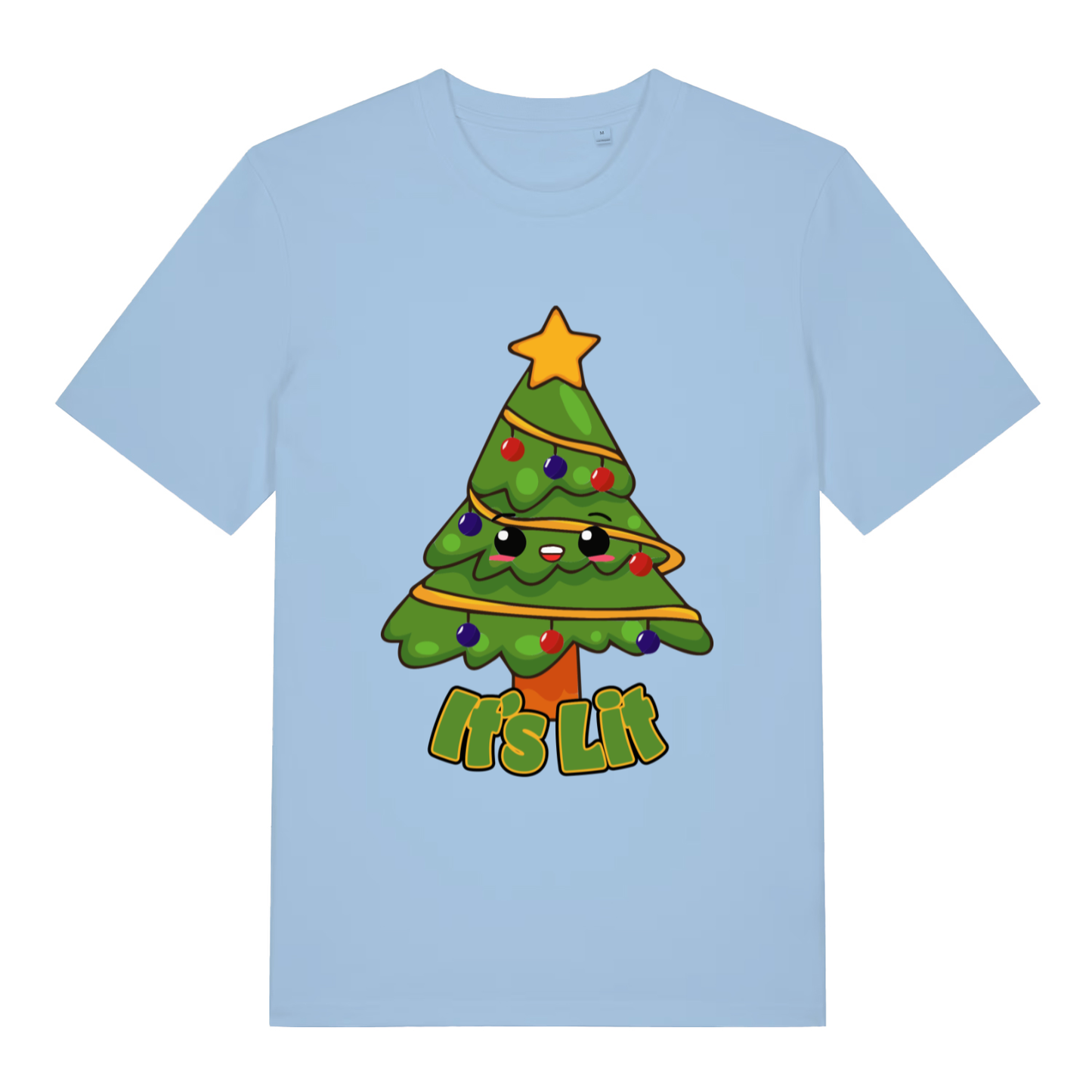 Light blue It’s Lit funny graphic t-shirt with cute festive tree and “It’s Lit” lettering  