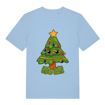 Light blue It’s Lit funny graphic t-shirt with cute festive tree and “It’s Lit” lettering  