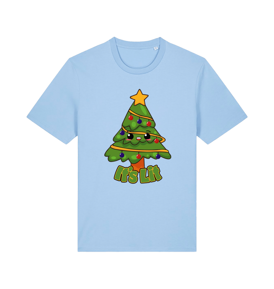 light blue christmas t-shirt with the graphic of a christmas tree and the slogan 'it;'s lit'