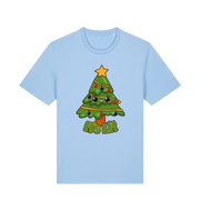 light blue christmas t-shirt with the graphic of a christmas tree and the slogan 'it;'s lit'