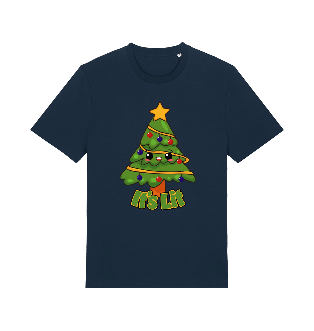 navy christmas t-shirt with the graphic of a christmas tree and the slogan 'it;'s lit'