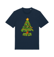 navy christmas t-shirt with the graphic of a christmas tree and the slogan 'it;'s lit'