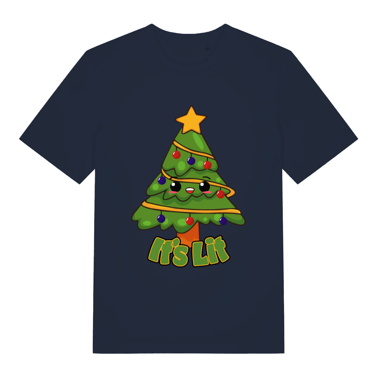 Navy It’s Lit funny graphic t-shirt displaying cartoon Christmas tree and bold “It’s Lit” slogan  