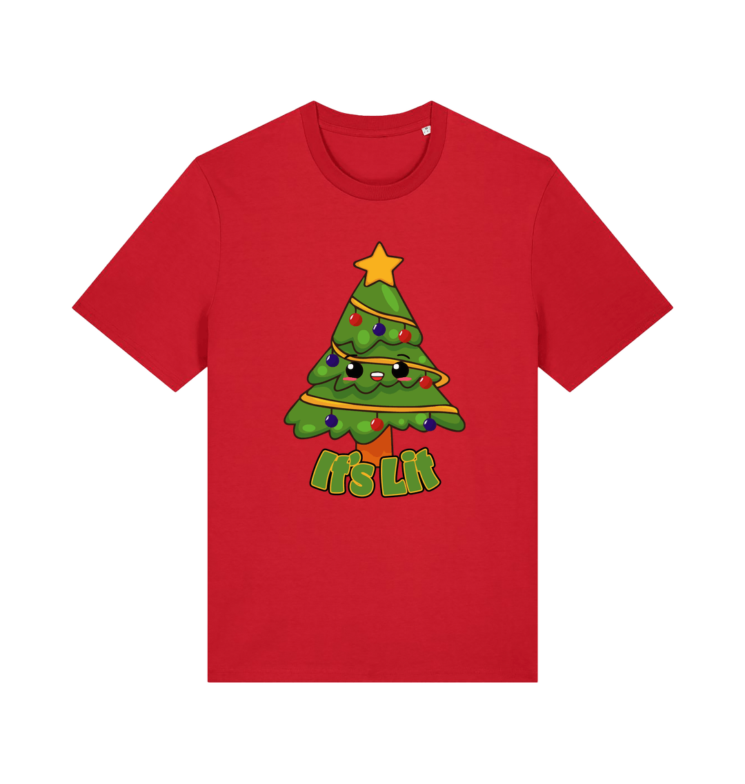 red christmas t-shirt with the graphic of a christmas tree and the slogan 'it;'s lit'